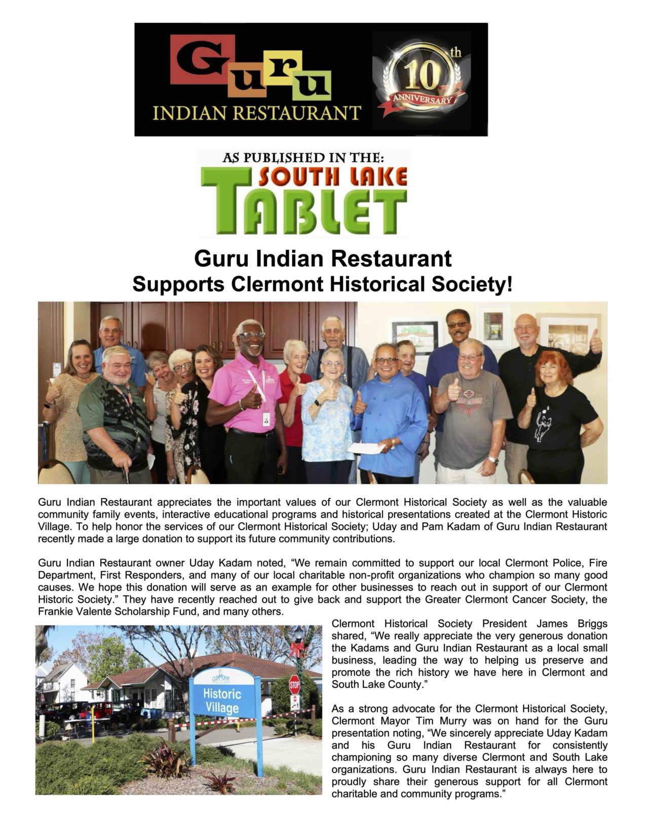 Guru Indian Restaurant Supports Clermont Florida Historical Society